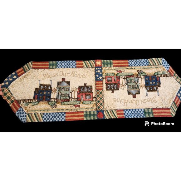 Tapestry Table Runner Bless Our Home Americana Country Houses - Picture 1 of 5